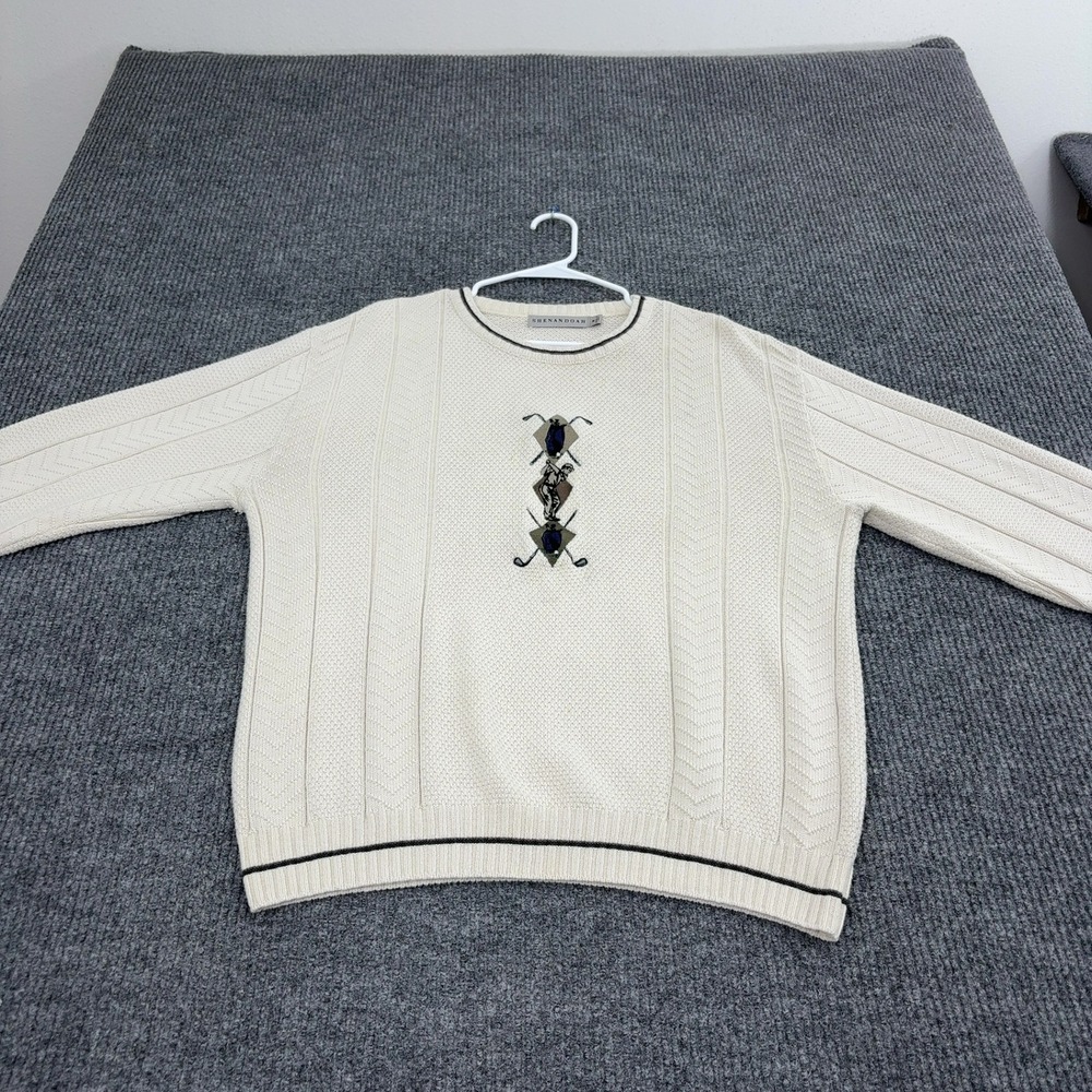 Vintage Shenandoah Sweater Mens M Ivory Knit Golf Embroidered Grandpa Preppy